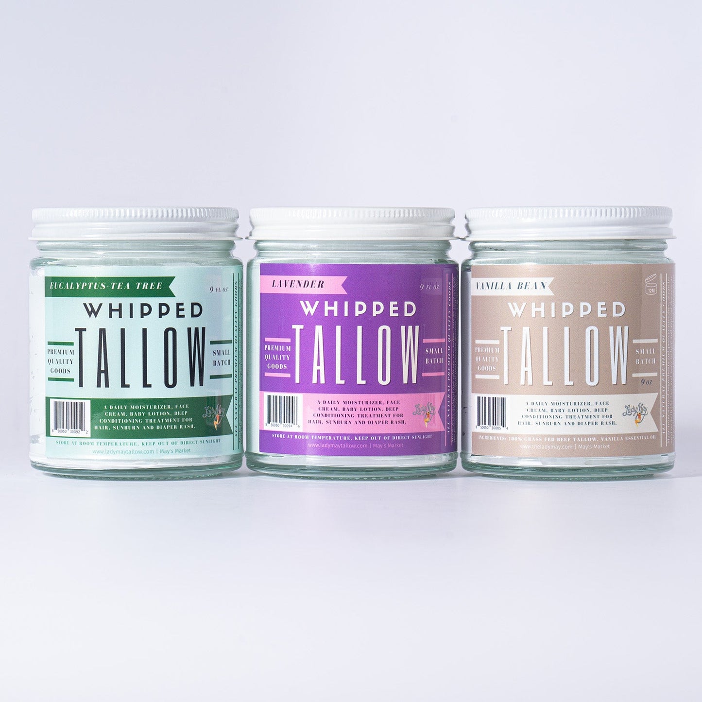 Whipped Tallow Trio - 9oz - Lavender, Vanilla, Eucalyptus Premium Quality All Natural Gift Box by The Lady May - Blessings Grow Meadows