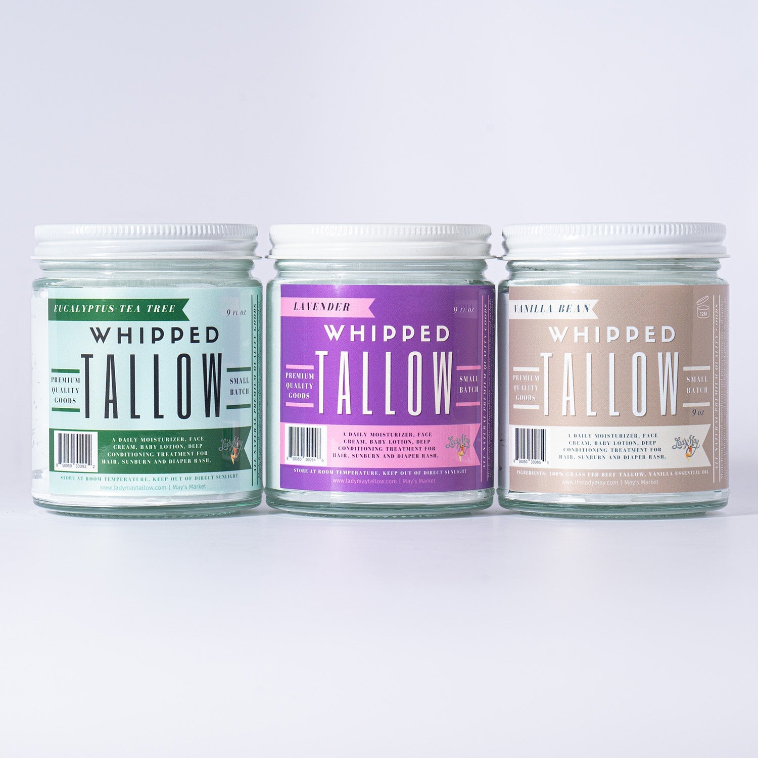 Whipped Tallow Trio - 9oz - Lavender, Vanilla, Eucalyptus Premium Quality All Natural Gift Box by The Lady May - Blessings Grow Meadows