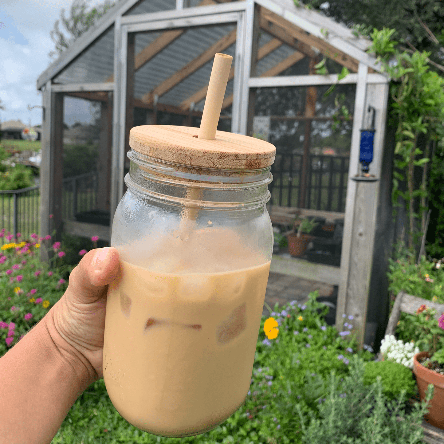 A hand holds a mason jar with iced coffee and a Bamboo Mason Jar Lid from ZeroWasteStore.com in a lush garden, featuring a wooden greenhouse and colorful flowers in the background.