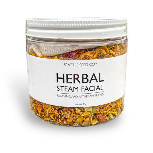 Herbal Steam Facial Blend by Seattle Seed Company with dried herbs and botanicals for a relaxing skincare treatment.