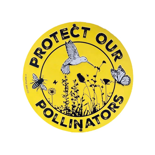 Metal garden sign by Seattle Seed Company with "Protect Our Pollinators" message, designed for outdoor garden decoration.