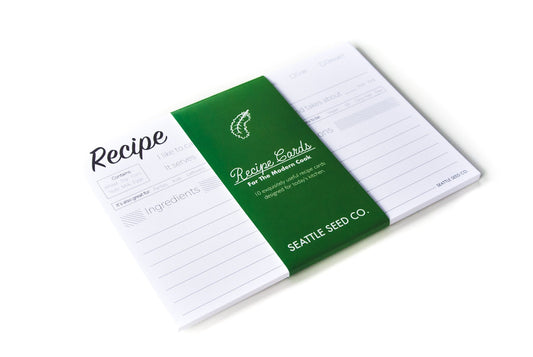 Set of modern recipe cards by Seattle Seed Company featuring stylish, minimalistic designs for cooking and kitchen organization.