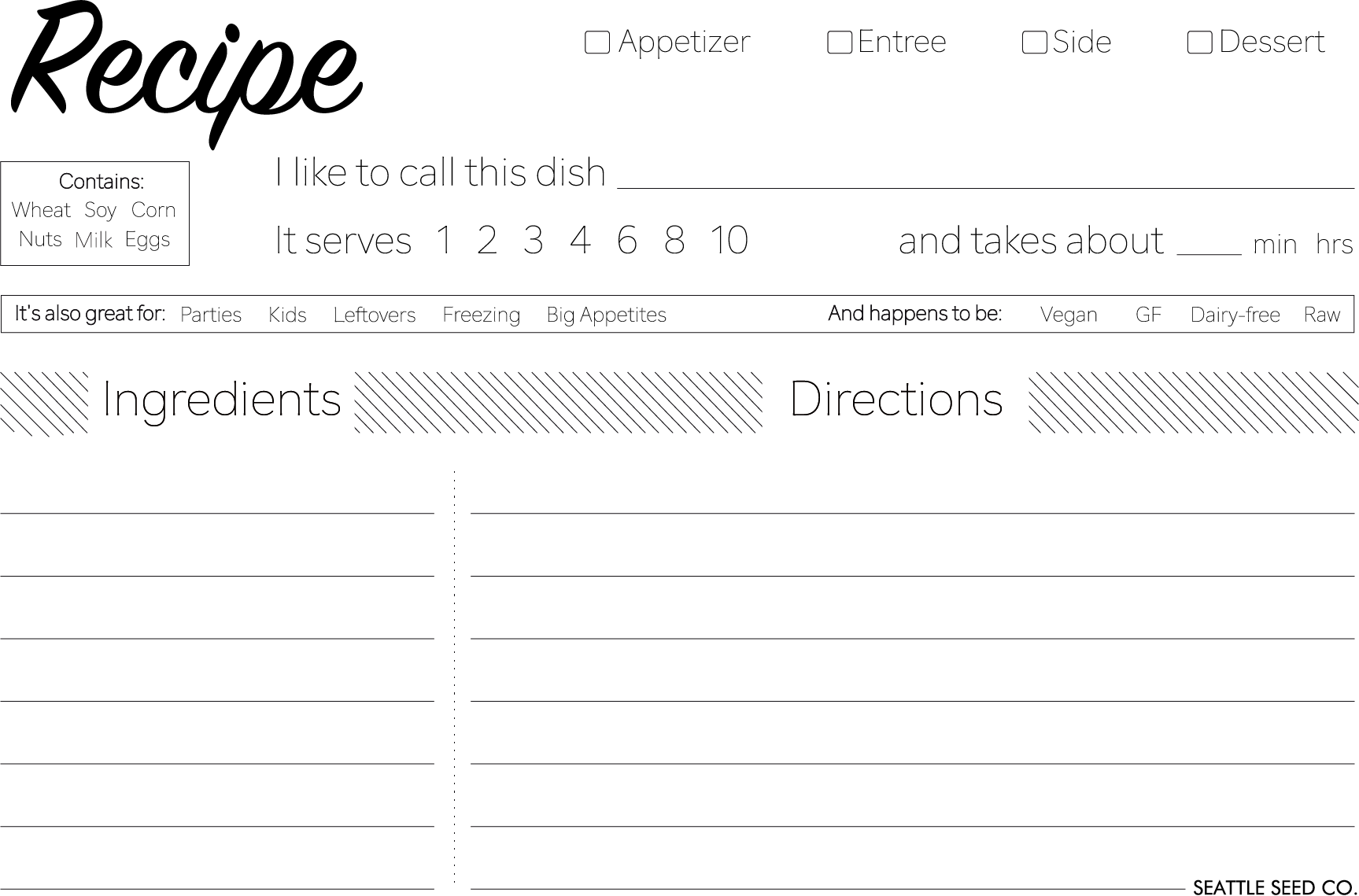 Set of modern recipe cards with colorful designs from Seattle Seed Company, perfect for organizing and sharing favorite recipes.
