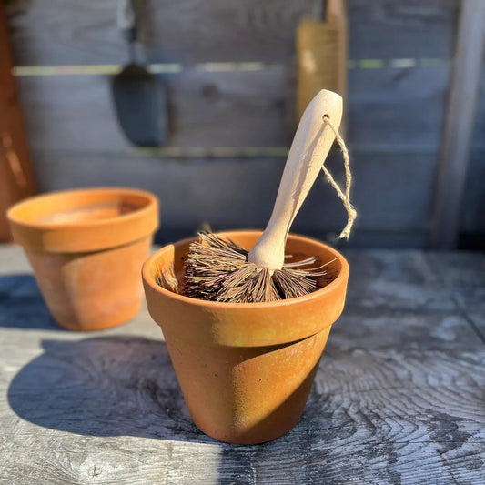 Seattle Seed Company plant pot cleaning brush with wooden handle and bristles for easy cleaning of plant containers.
