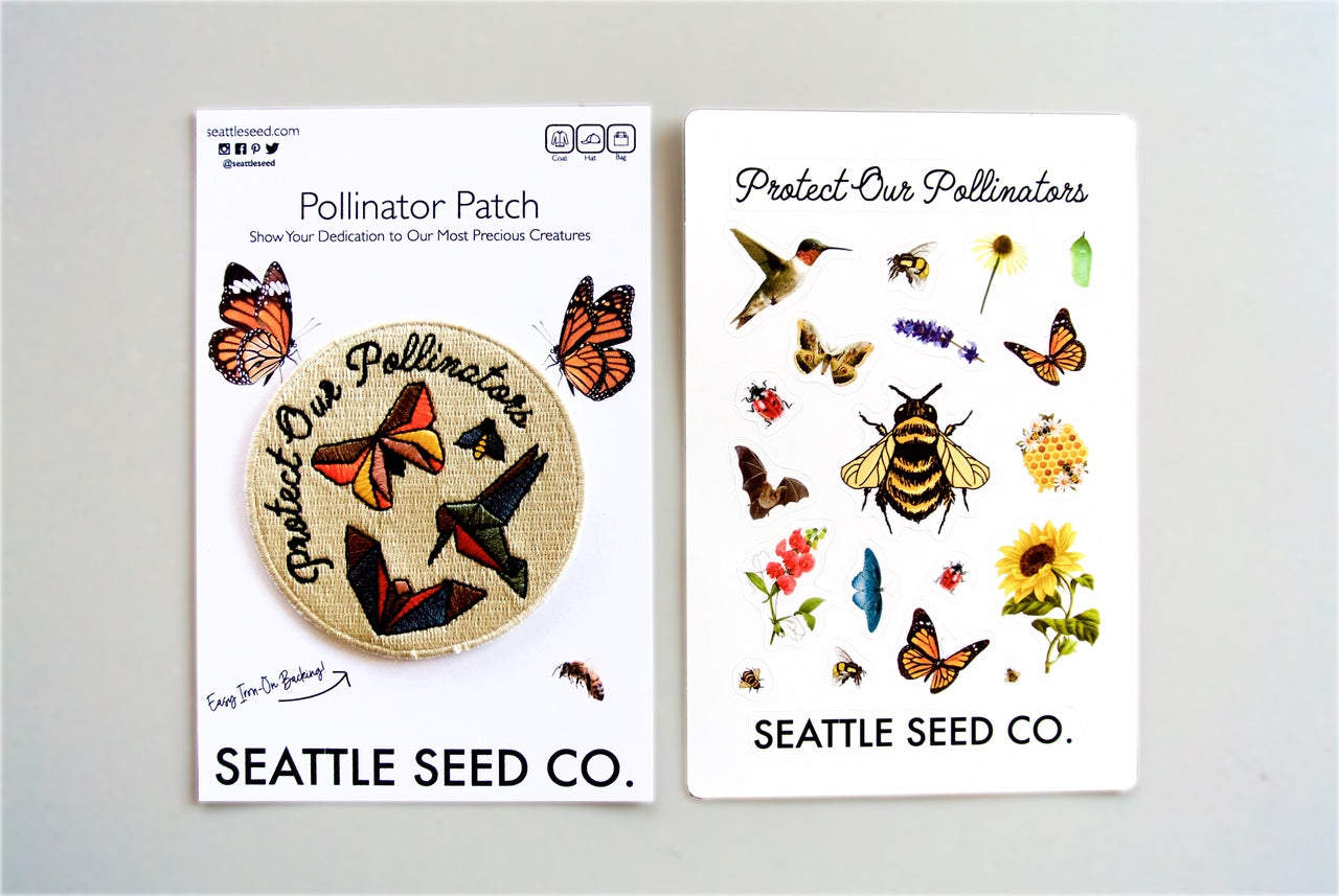Pollinator Pride patch and sticker kit by Seattle Seed Company featuring colorful bee and flower designs for environmental awareness.