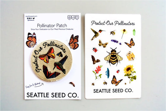 Pollinator Pride patch and sticker kit by Seattle Seed Company featuring colorful bee and flower designs for environmental awareness.