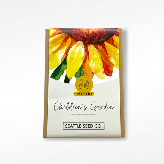 Children's garden seed collection by Seattle Seed Company, featuring colorful seeds and gardening tools for kids' planting fun.