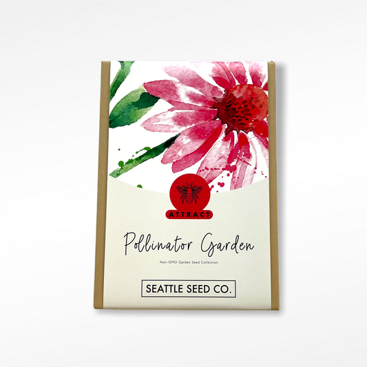 Pollinator garden seed collection from Seattle Seed Company with diverse flower and plant seeds for attracting pollinators.
