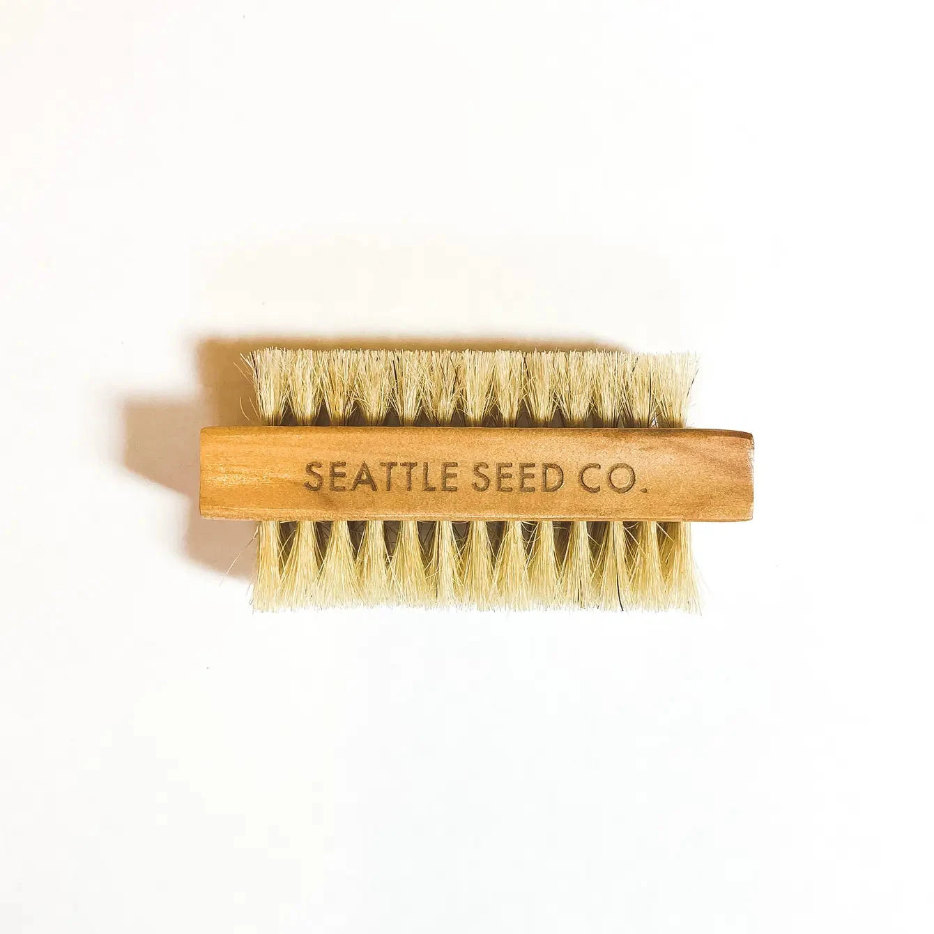 Vegetable and nail brush by Seattle Seed Company with wooden handle and stiff bristles for cleaning produce and nails.