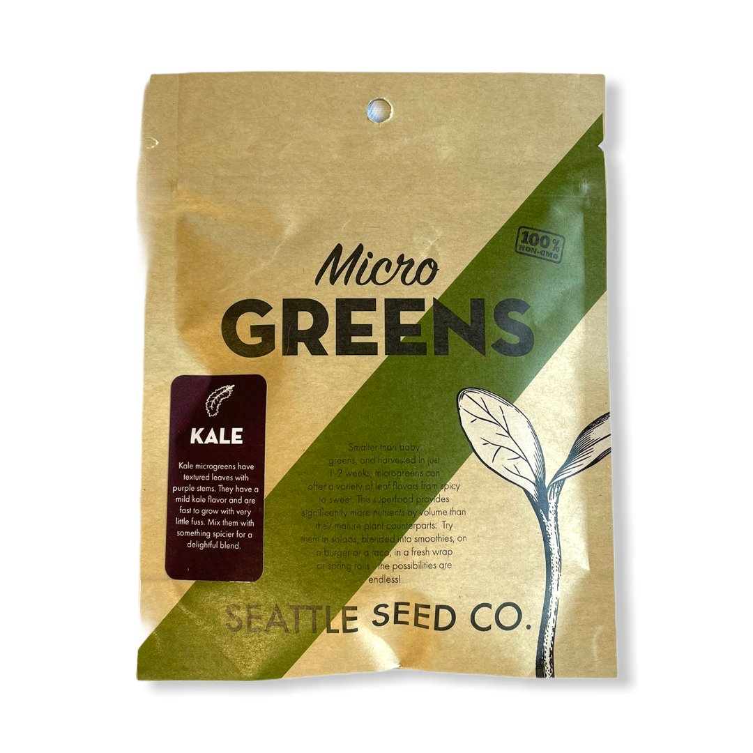 Fresh kale microgreens from Seattle Seed Company, vibrant green microgreens ready for harvesting and culinary use.
