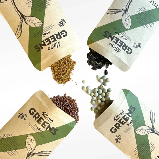 Seattle Seed Company Non-GMO Microgreens Sampler Pack featuring a variety of fresh, vibrant microgreens in clear containers.