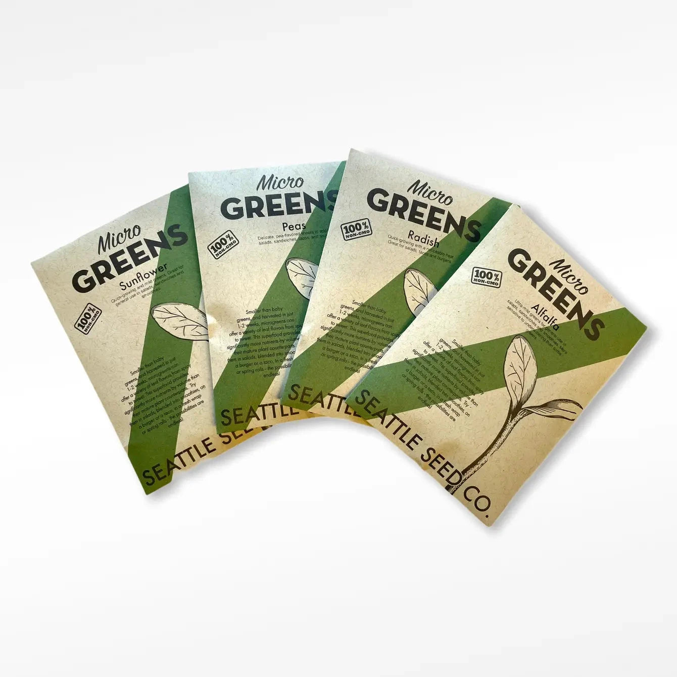 Assorted non-GMO microgreens sampler pack from Seattle Seed Company, showcasing fresh, vibrant microgreens on a white background.