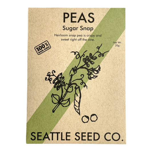 Fresh sugar snap peas from Seattle Seed Company, showcasing vibrant green pods and tender peas inside.