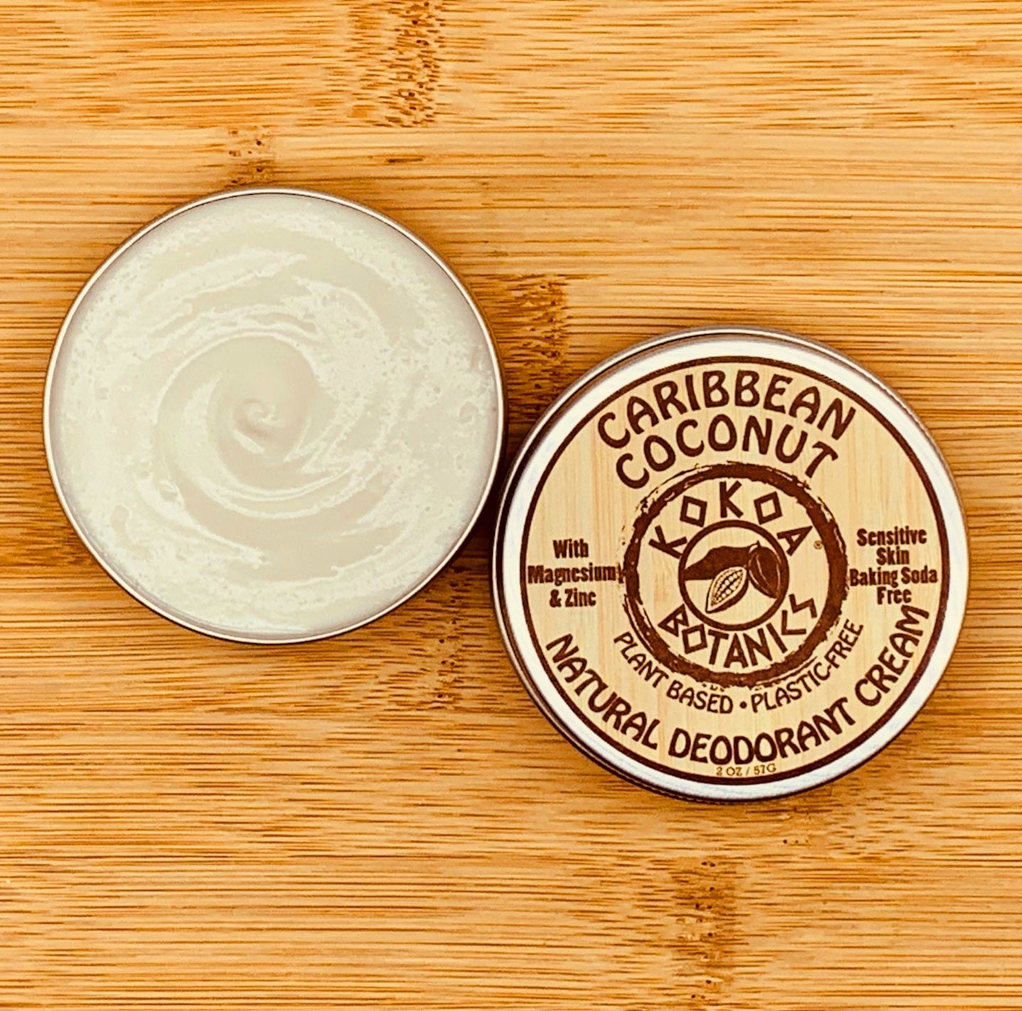 KOKOA BOTANICS Caribbean Coconut natural deodorant cream for sensitive skin, baking soda free, in 2.5 oz container