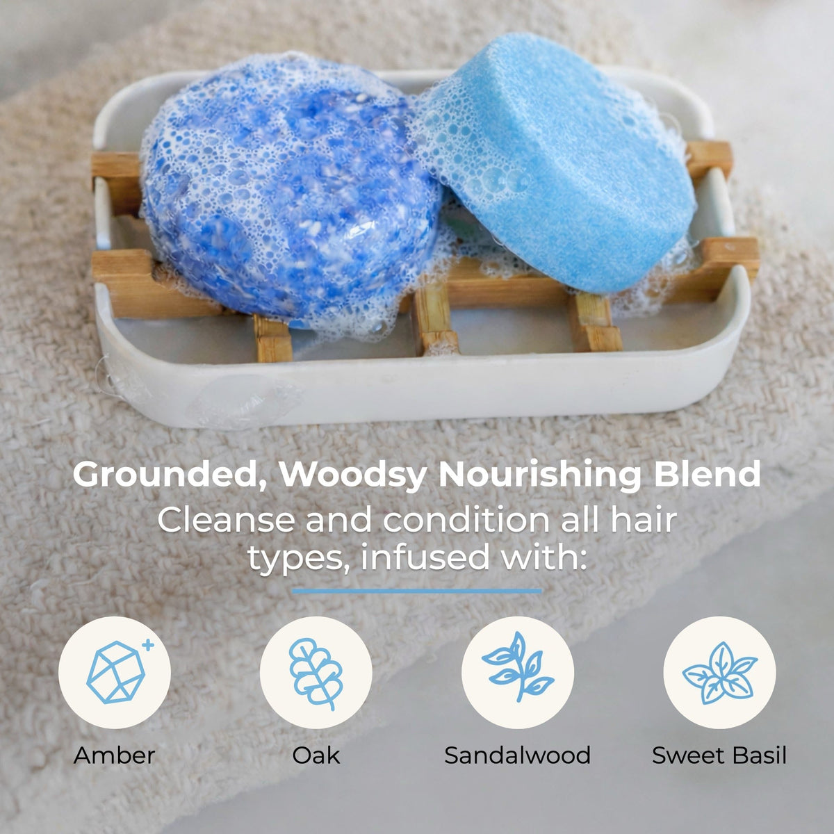 ZeroWasteStore.com shampoo and conditioner bar duo set with cobalt scent, eco-friendly hair care bundle in natural packaging.