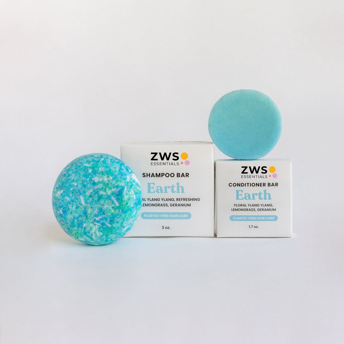 Eco-friendly shampoo and conditioner bar duo from ZeroWasteStore.com with Earth scent, displayed together on a neutral background.