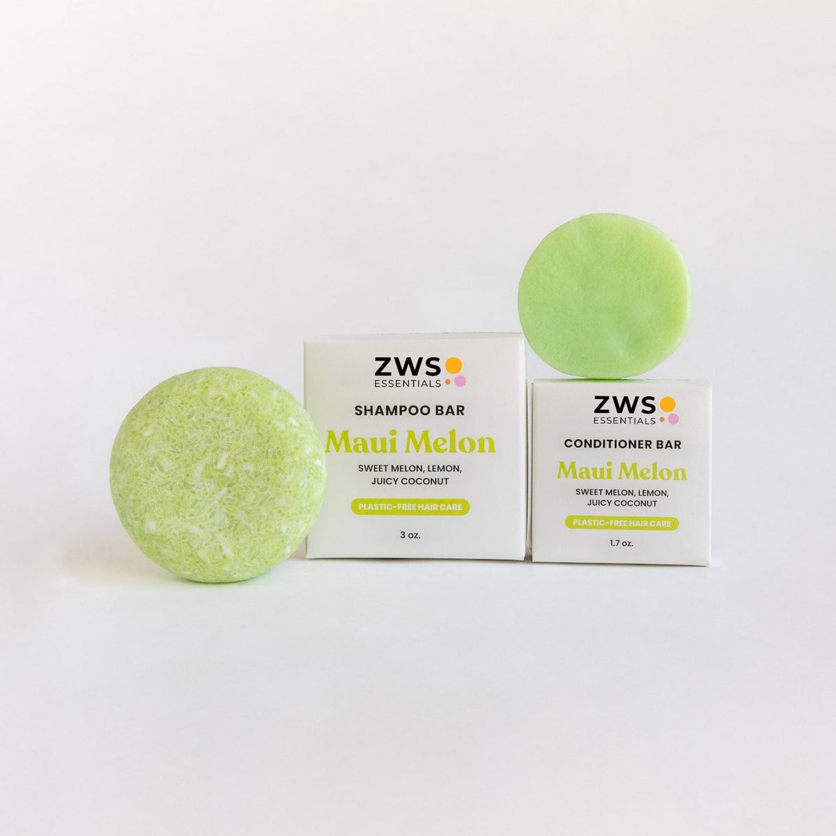 Shampoo and conditioner bar duo with Maui Melon scent from ZeroWasteStore.com, featuring eco-friendly, solid hair care products.