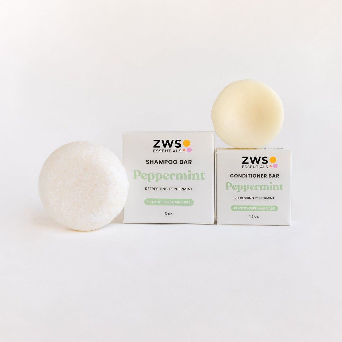 Peppermint Breeze shampoo and conditioner bar duo from ZeroWasteStore.com, eco-friendly hair care set in natural packaging.