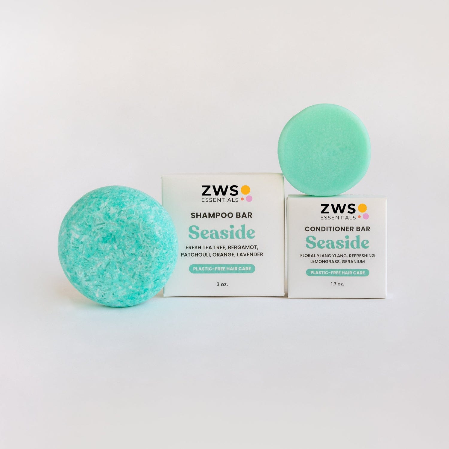 ZeroWasteStore.com shampoo and conditioner bar duo with seaside scent, eco-friendly hair care set in natural packaging.