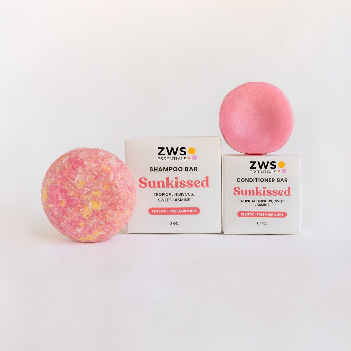 ZeroWasteStore.com shampoo and conditioner bar duo with sunkissed scent, natural eco-friendly hair care set.