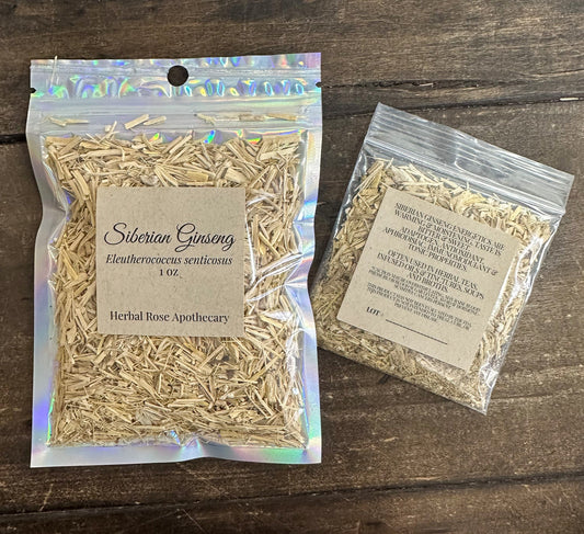 Dried Siberian ginseng herbs in a jar, showing the roots and stems, by HerbalRoseApothecary.