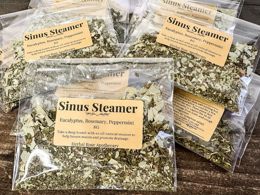 Herbalroseapothecary sinus steamers, natural steamers for sinus relief, showing steamers in a white bowl with herbal ingredients.