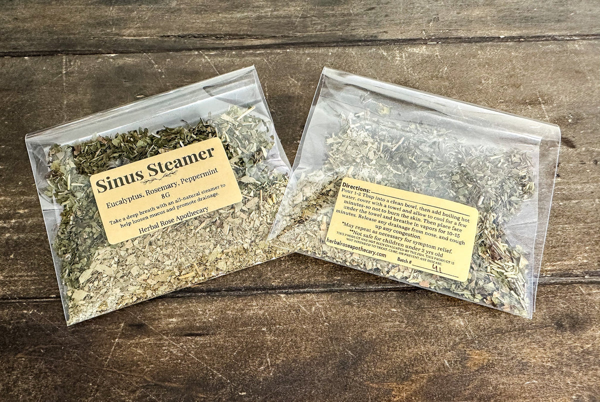 Herbalroseapothecary sinus steamers in packaging, natural herbal steamers designed for sinus relief and respiratory comfort.