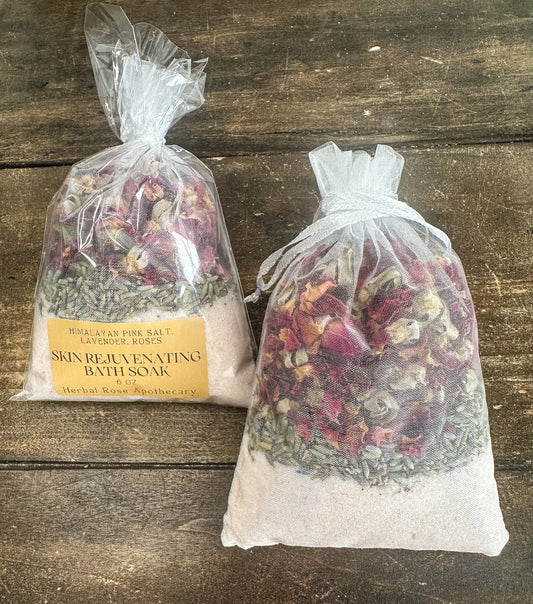 Herbal Rose Apothecary skin-rejuvenating bath soak with dried herbs and floral elements for relaxing bath experience.