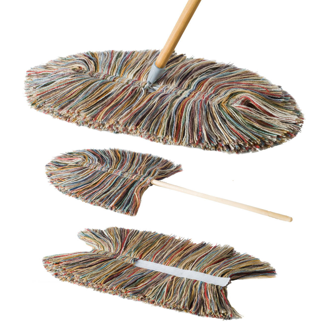 Sladust THE TRIO Wooly Mammoth duster with wooden handle, wool hand duster and replacement head for dusting surfaces.