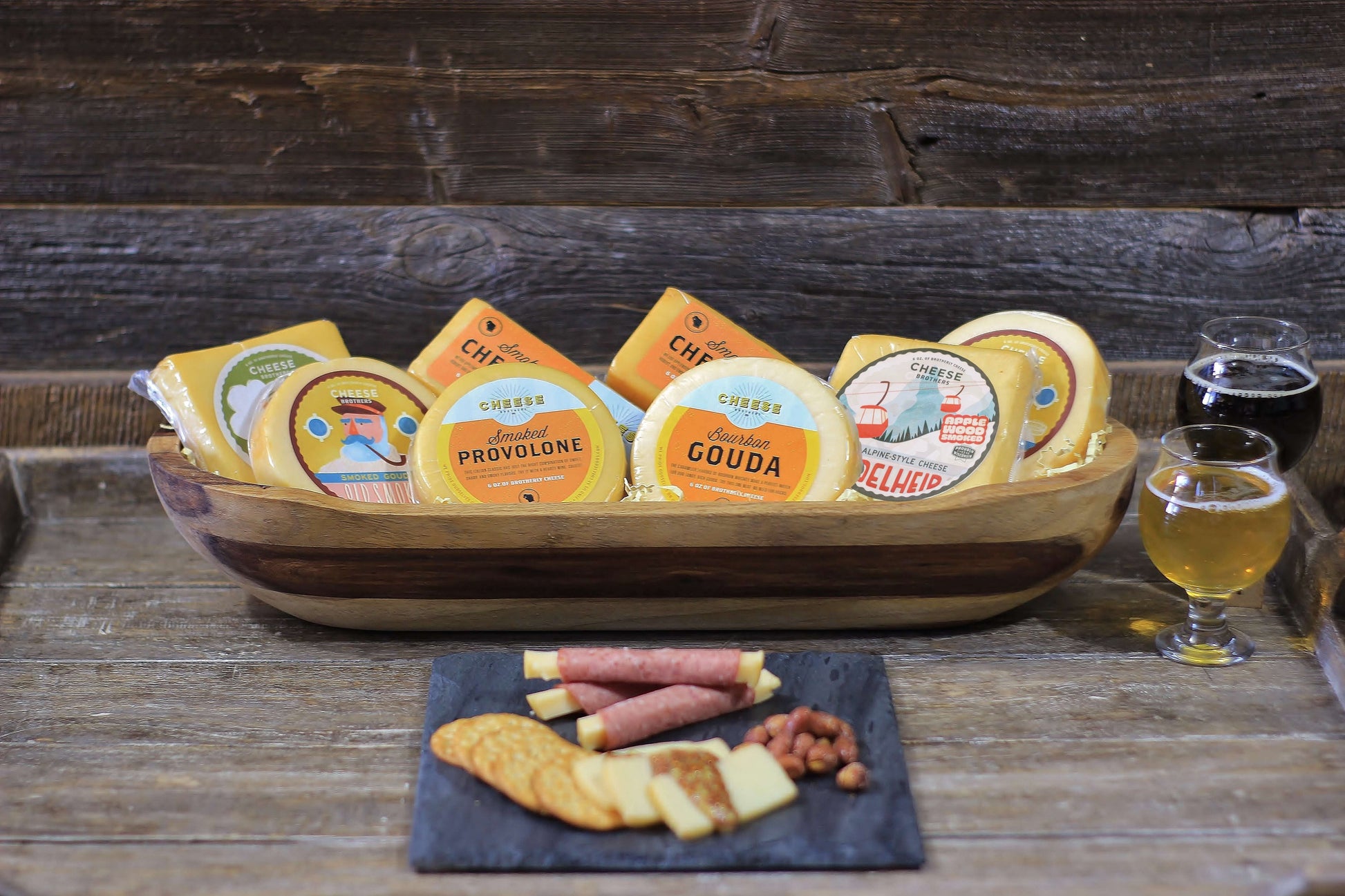 Assorted smoked cheese favorites pack from Cheese Brothers, Inc., featuring 8 varieties in a gift bundle.