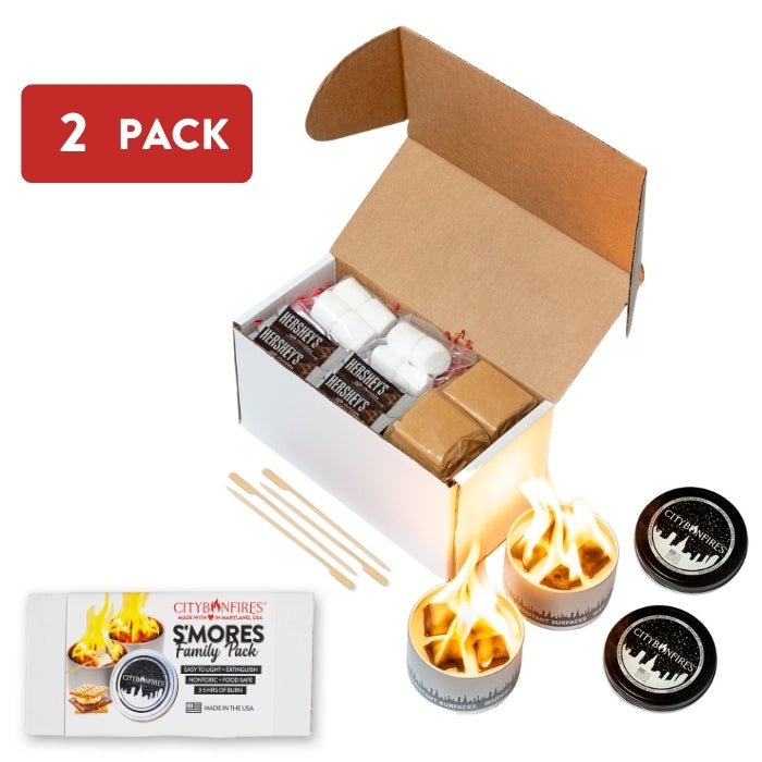 City Bonfires S'mores Family Pack outdoors set with graham crackers, marshmallows, and chocolate for camping or backyard fun.