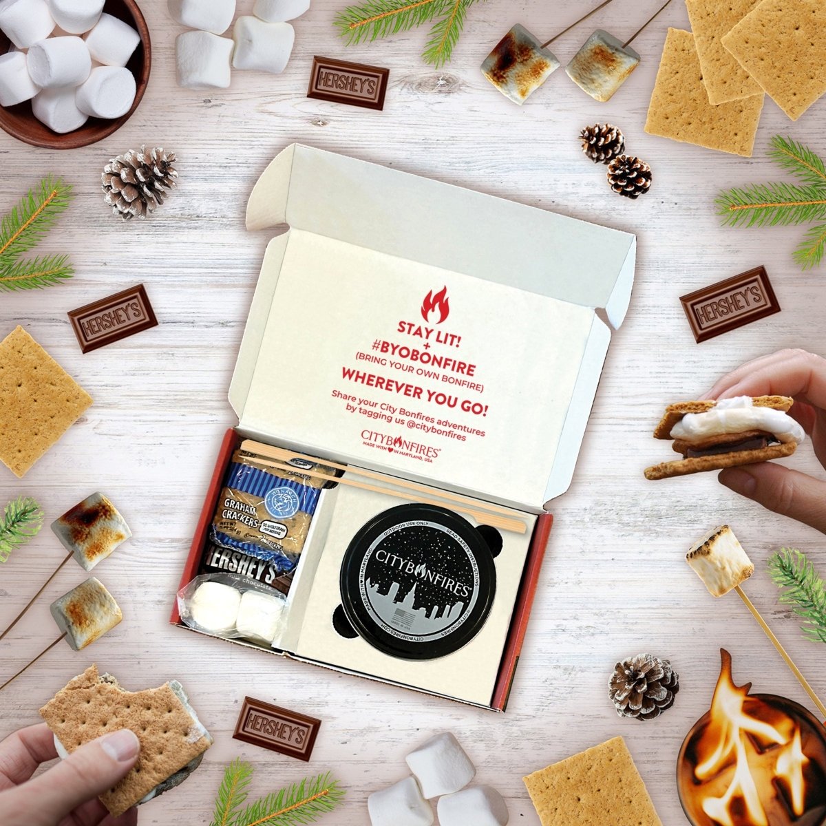 City Bonfires S'mores Night Pack with marshmallows, chocolate, and graham crackers for outdoor campfire treats.