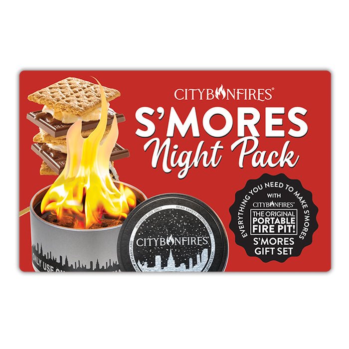 City Bonfires S'mores Night Pack for outdoor activities, includes marshmallows, chocolate, and graham crackers for camping treats.
