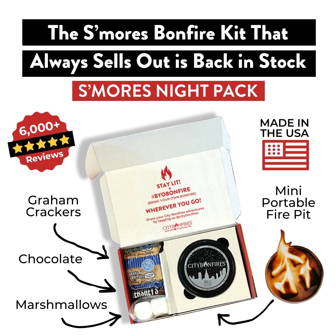 City Bonfires S'mores Night Pack for outdoor camping with marshmallows, graham crackers, and chocolate for campfire treats.