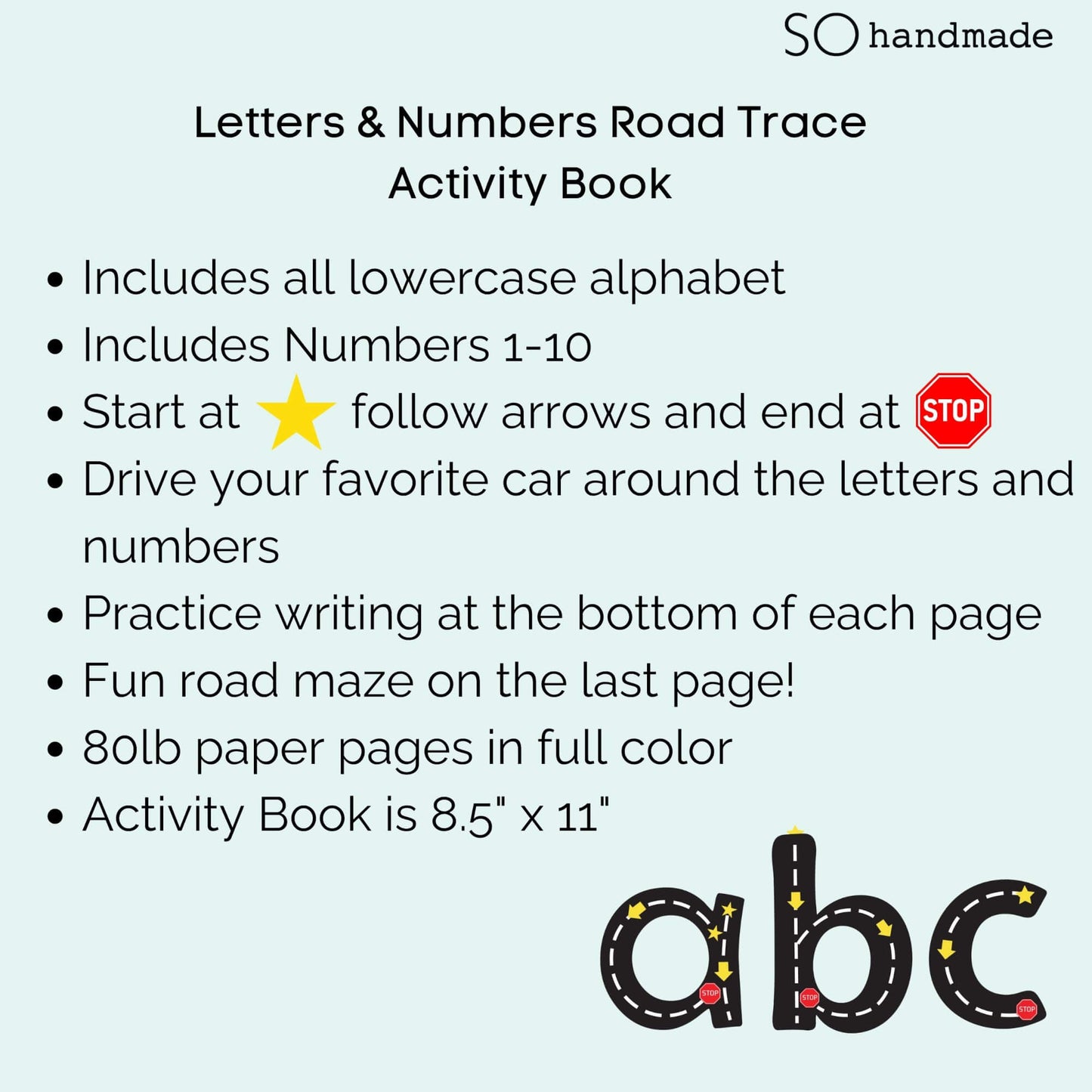 Coloring page from So Handmade Shop's Road Trace Activity Book featuring alphabet and number tracing for kids.