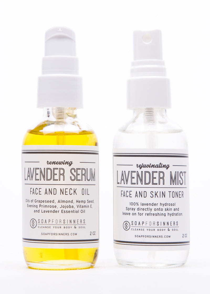 Soap for Sinners Mist & Serum Set with elegant bottles, showcasing luxurious skincare products with mist spray and serum applicator.