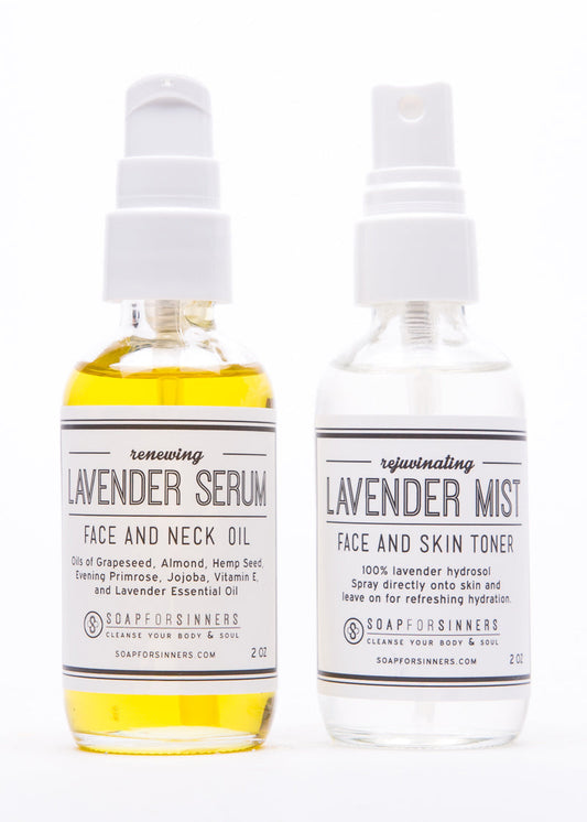 Soap for Sinners Mist & Serum Set with elegant bottles, showcasing luxurious skincare products with mist spray and serum applicator.