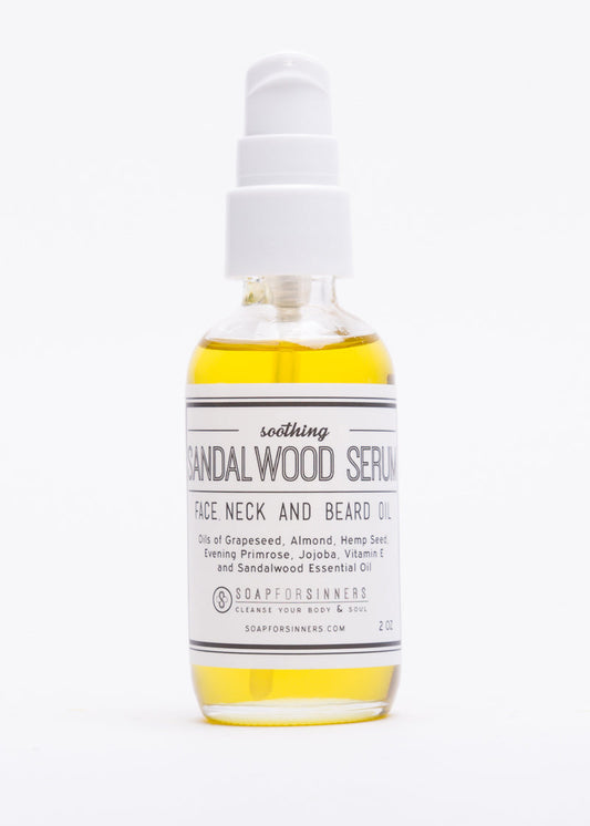 Sandalwood Serum in a 2oz bottle by Soap for Sinners, showing the product label and packaging details.