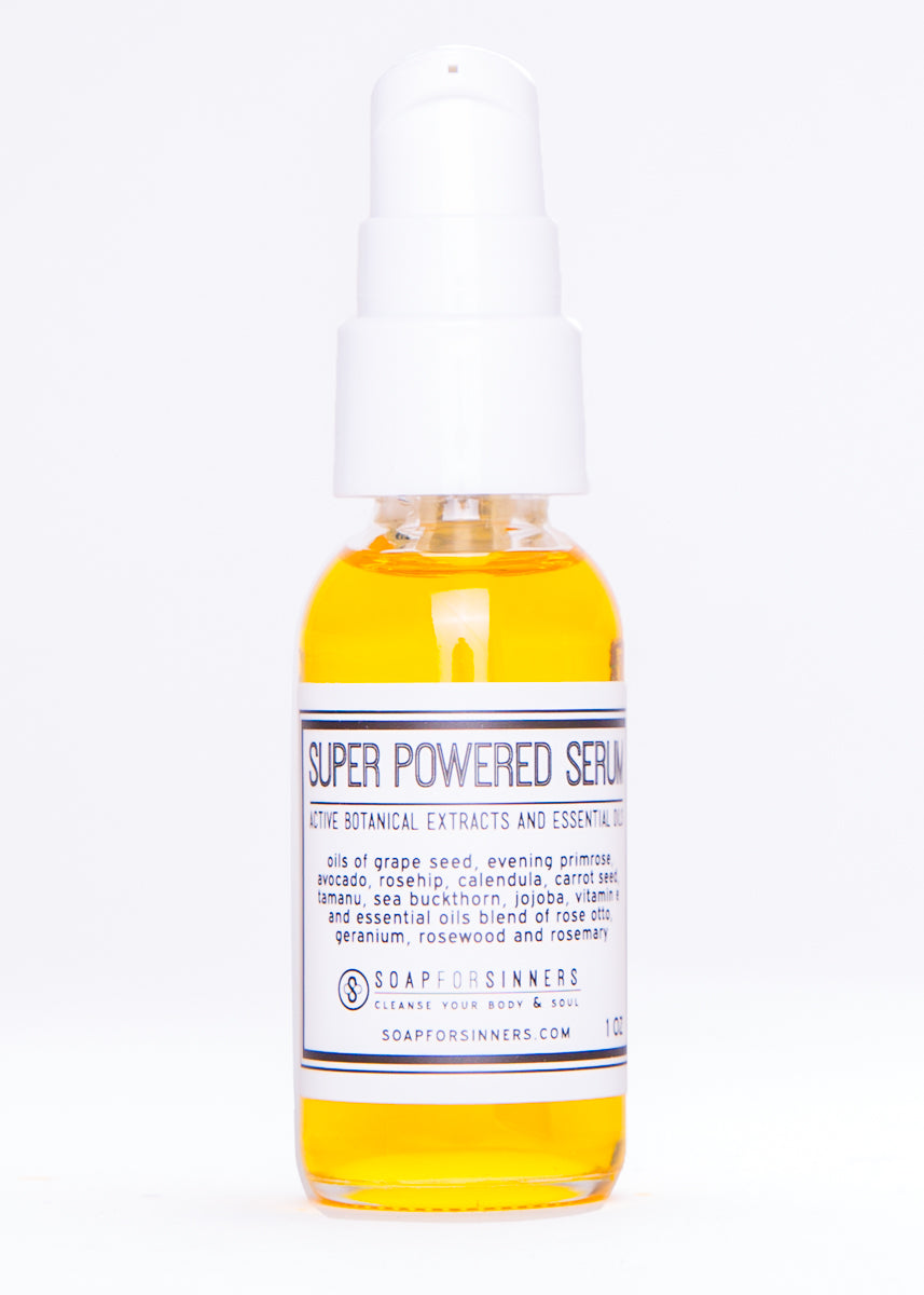 Bottle of Soap for Sinners Super Powered Serum with sleek packaging and pump dispenser, showcasing skincare serum in a modern design.
