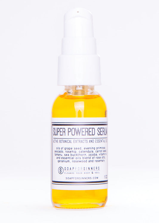 Bottle of Soap for Sinners Super Powered Serum with sleek packaging and pump dispenser, showcasing skincare serum in a modern design.