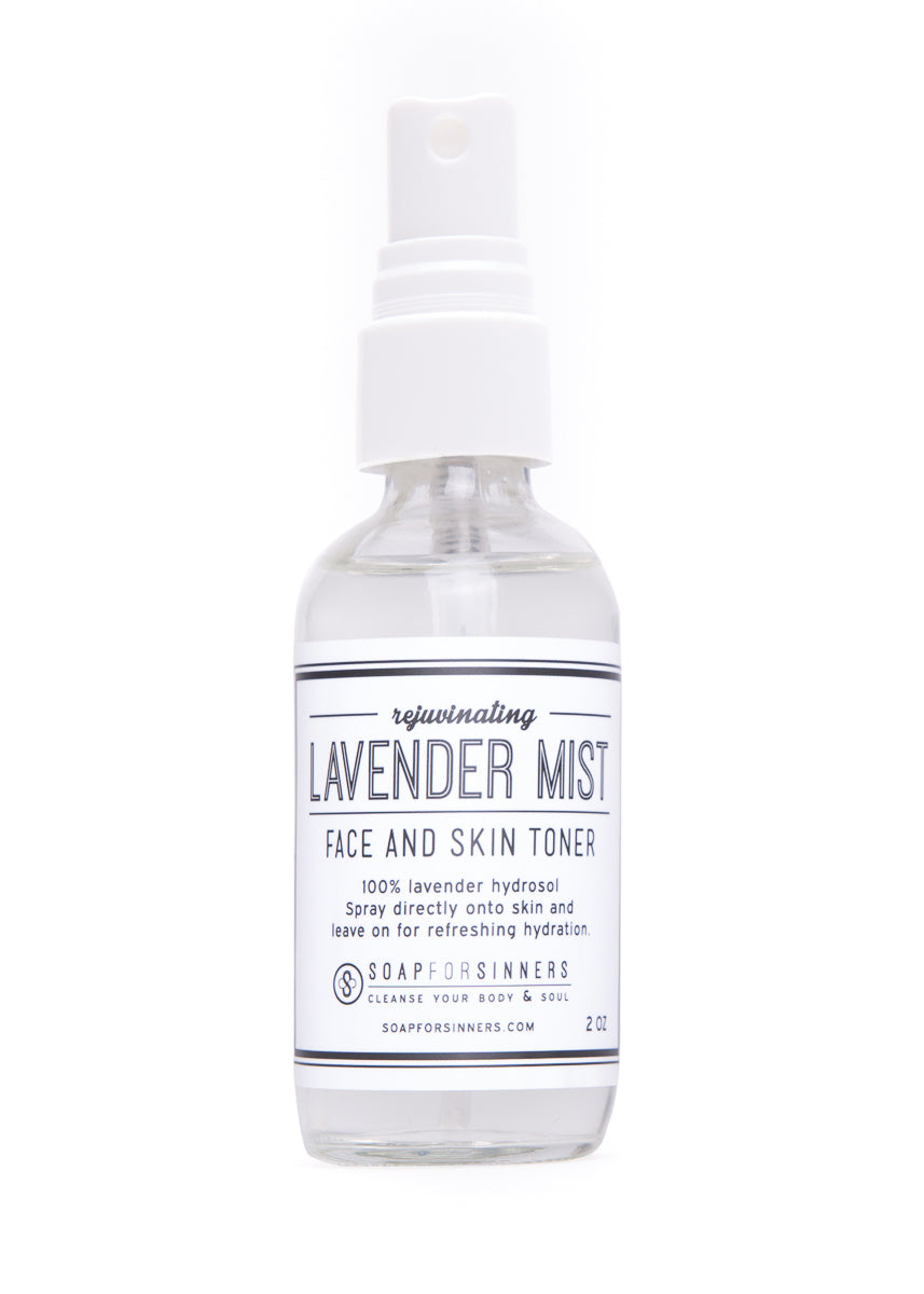 2oz bottle of Lavender Mist hydrosol by Soap for Sinners, featuring a clear label and lavender scent, for refreshing skincare use.