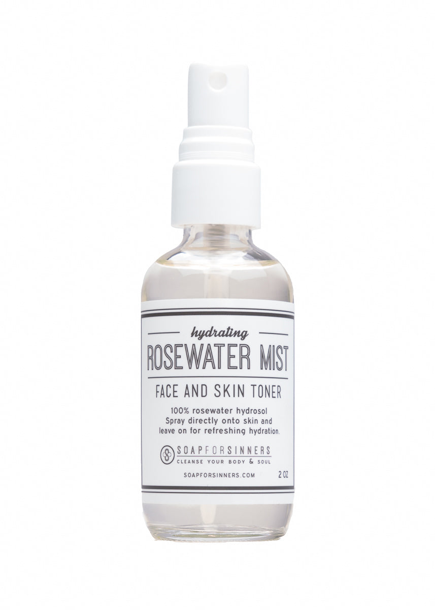 Rosewater Mist hydrosol by Soap for Sinners in a 2oz spray bottle, featuring a clear liquid with a floral scent.