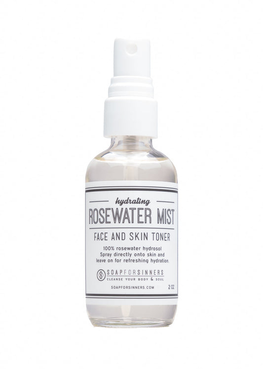 Rosewater Mist hydrosol by Soap for Sinners in a 2oz spray bottle, featuring a clear liquid with a floral scent.