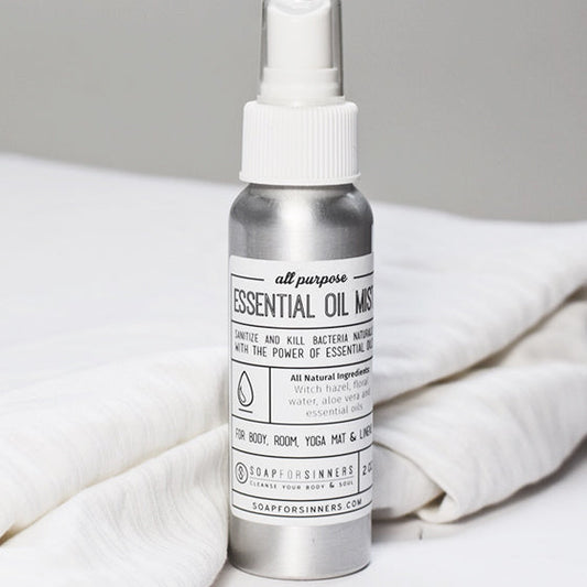 Soap for Sinners 2 oz essential oil mist spray bottle, featuring a clear glass container with a spray nozzle.