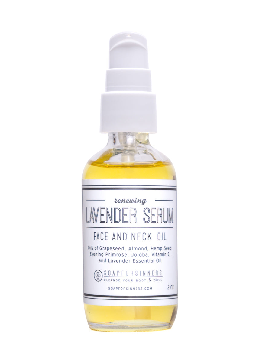 Lavender serum oil in a 2oz bottle by Soap for Sinners, featuring a purple cap and clear glass container with lavender label.