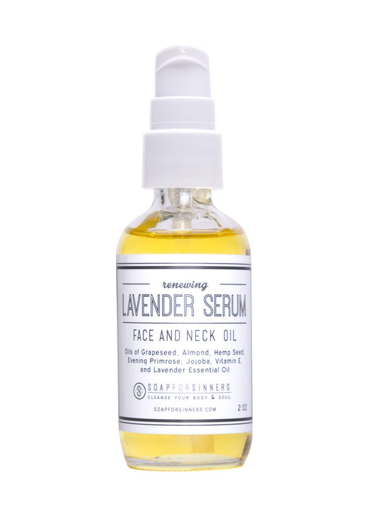 Lavender serum oil in a 2oz bottle by Soap for Sinners, featuring a purple cap and clear glass container with lavender label.