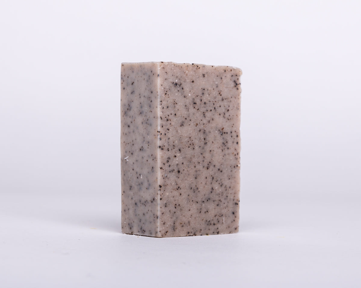 Bar of Soap for Sinners Peppermint Coffee Scrub soap with visible textured surface and fresh peppermint and coffee scent.