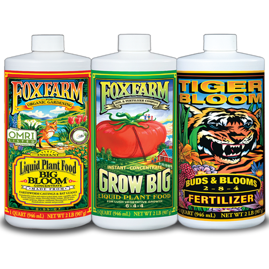 FoxFarm Soil Liquid Trio Pack of nutrient solutions for plants, featuring liquid fertilizers from Rivendell Distribution.