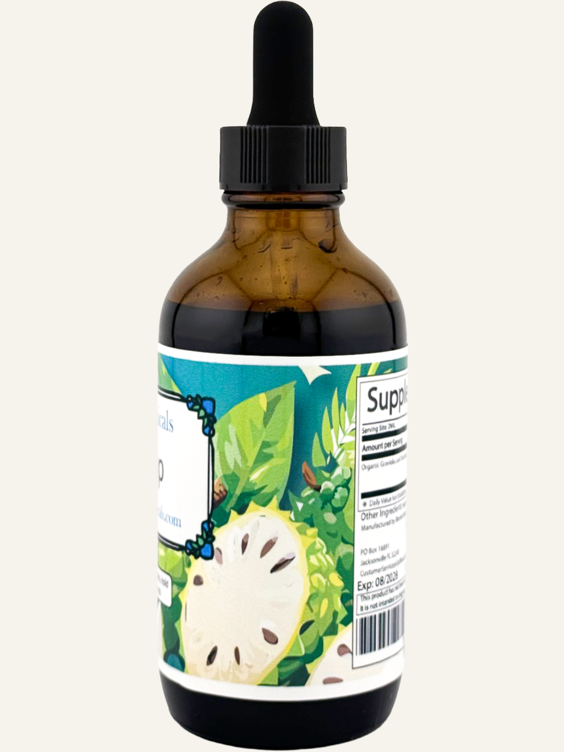 Side view of Blessed Botanicals Organic Soursop supplement bottle showing the label and product packaging.