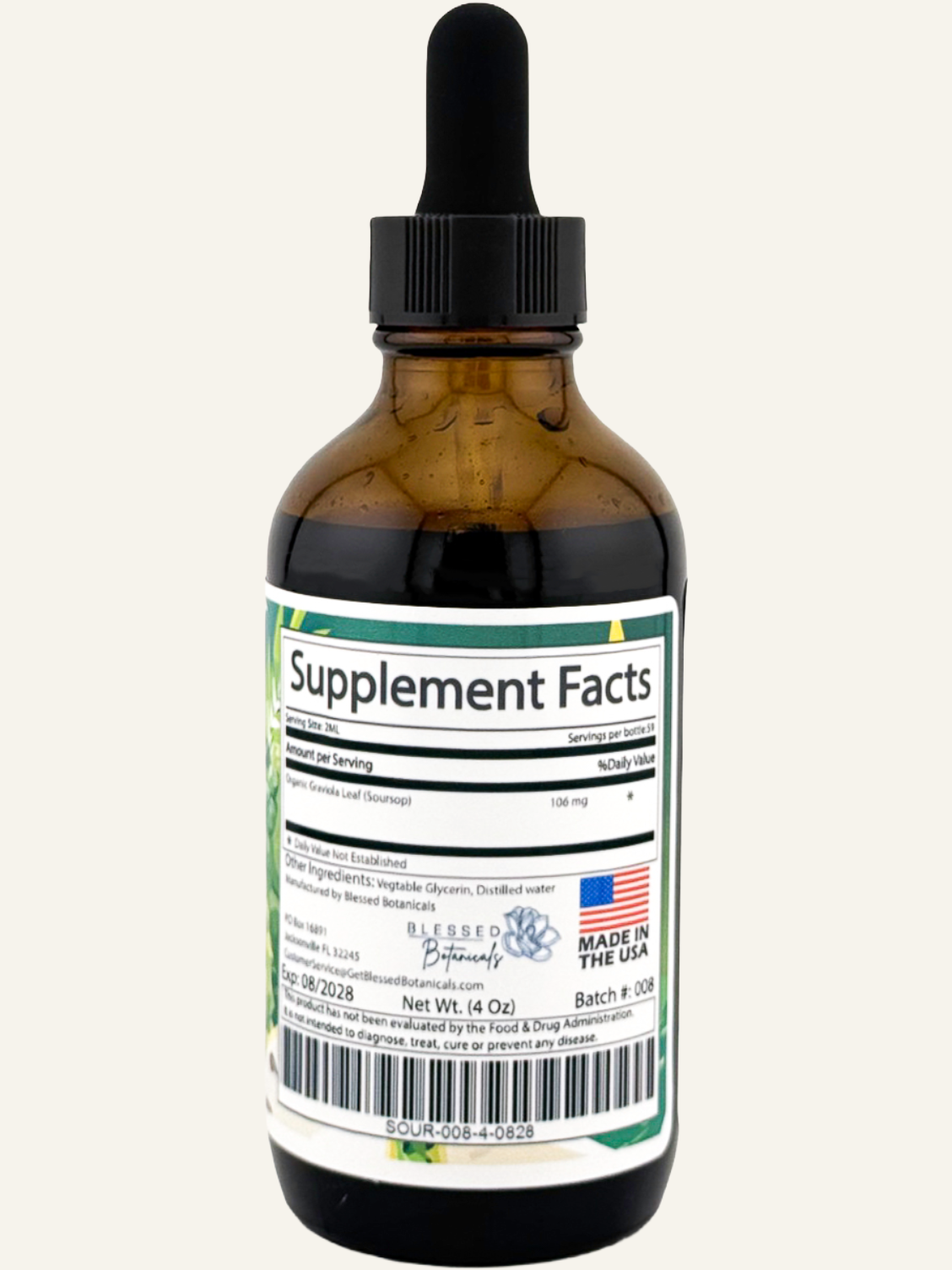 Organic Soursop supplement by Blessed Botanicals, showing supplement facts on a label with fresh soursop fruit in the background.